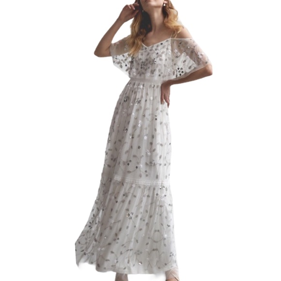 BHLDN Dresses & Skirts - Adrianna Papell x BHLDN Faye 4 / Sm White Silver Embellished Maxi Wedding Gown